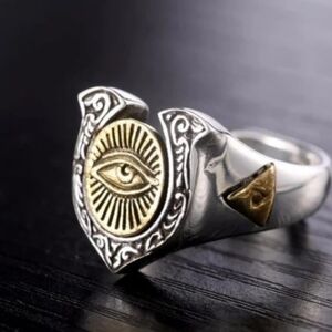 Egyptian Eye of Horus 925 Sterling Silver with Gold Plating Adjustable Ring